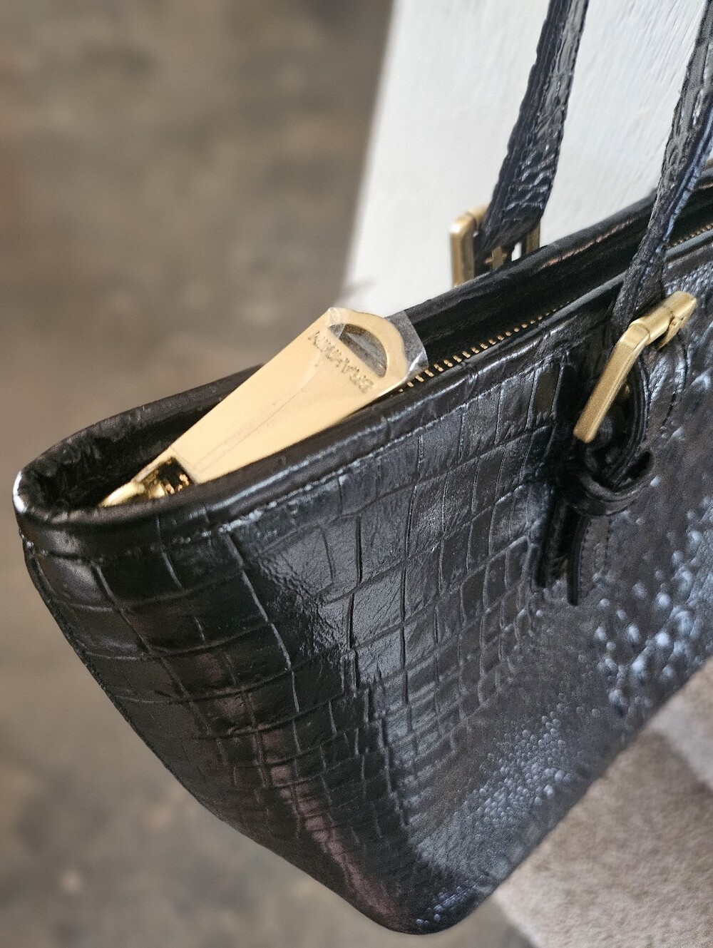Brahmin Asher Tote Black Croc-Embossed Tote Bag with Gold Hardware - Picture 4 of 12